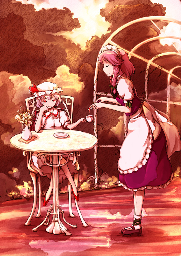 mishima hiroji, izayoi sakuya, remilia scarlet, touhou, silver hair, 2girls, blood, female focus, flower, hairband, hat, knife, maid, multiple girls, nature, outdoors, plant, red eyes, ribbon, short hair, sky, tea, throwing knife, weapon