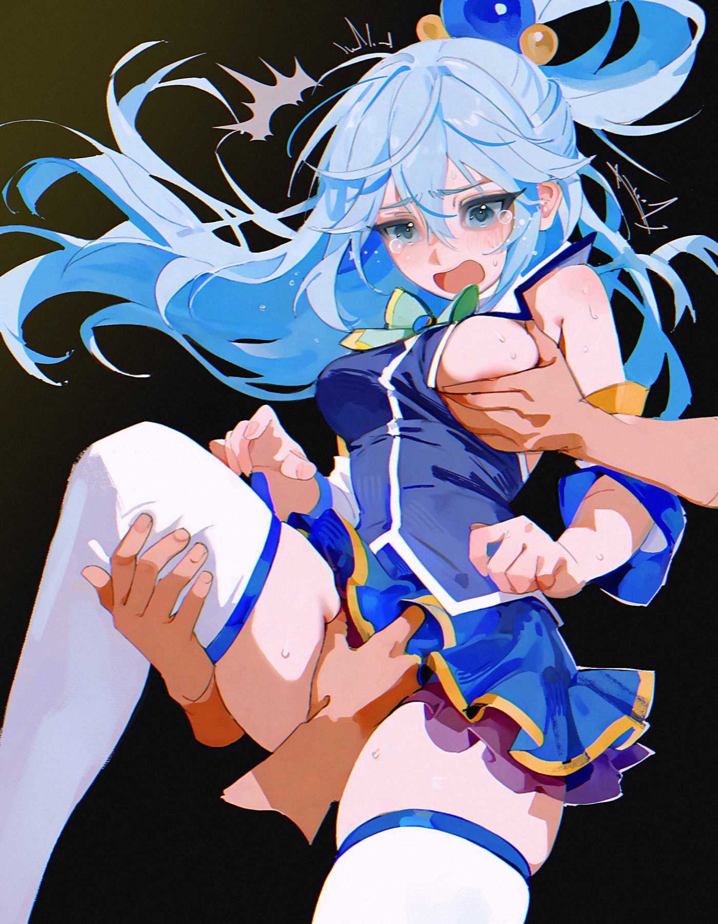 yoko-chan (mijizukeyoko), aqua (konosuba), kono subarashii sekai ni shukufuku wo!, commentary, english commentary, highres, 1girl, 2boys, ^^^, black background, blue eyes, blue hair, blue shirt, blue skirt, breasts, chikan, detached sleeves, grabbing another's breast, groping, hair rings, long hair, medium breasts, molestation, multiple boys, shirt, simple background, skirt, tears, thighhighs, white thighhighs