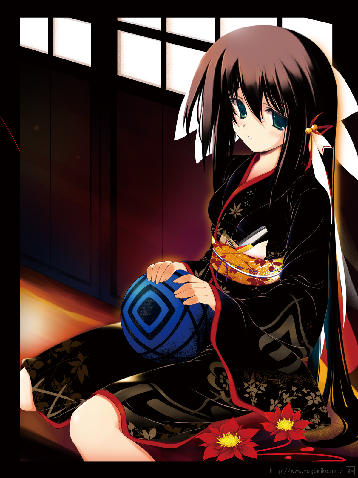 tenmu shinryuusai, highres, bow, brown hair, green eyes, hair bow, japanese clothes, kimono, long hair, solo