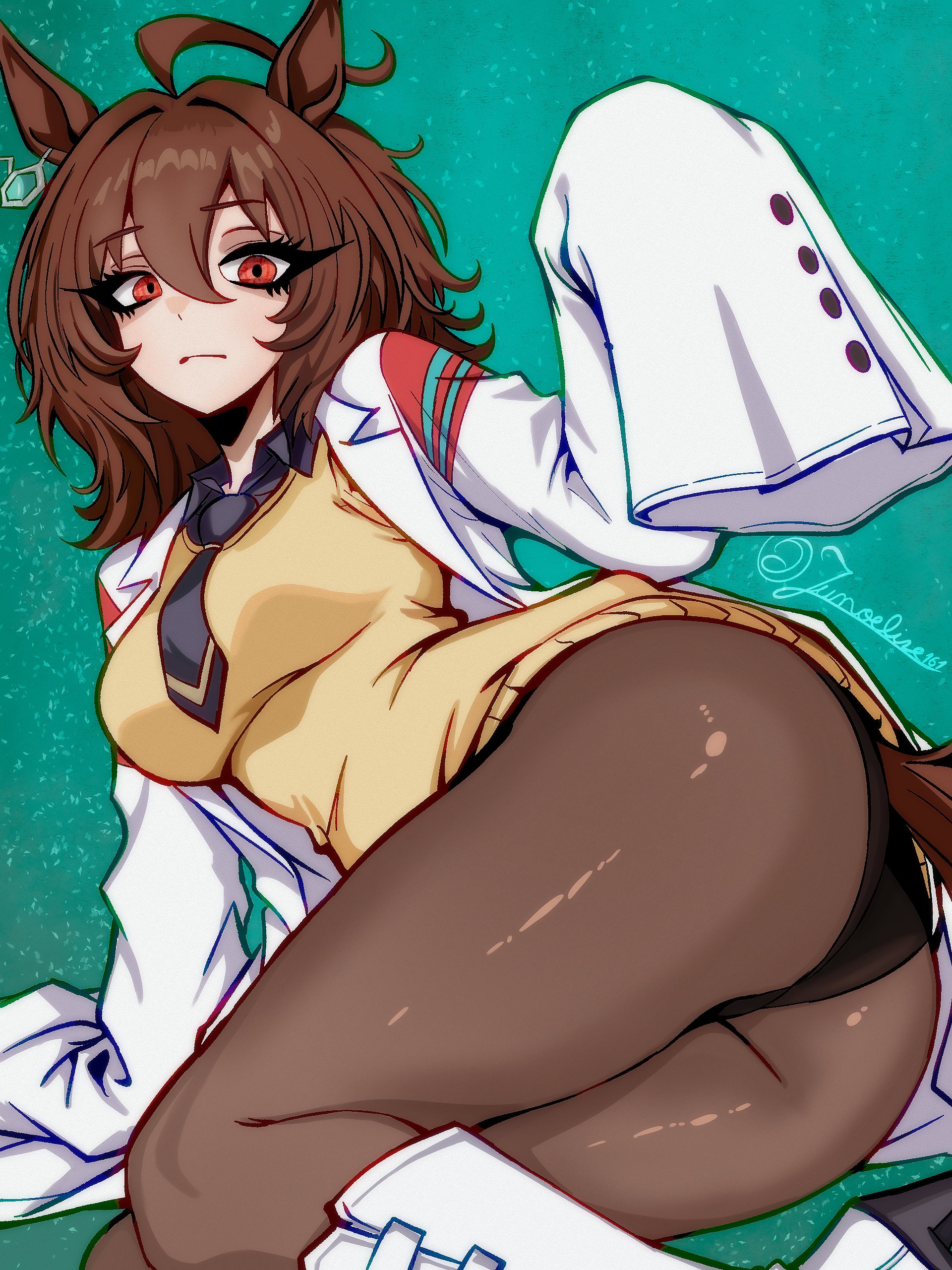 agnes tachyon (tach-nology) (umamusume), agnes tachyon (umamusume), umamusume, absurdres, commentary, english commentary, highres, 1girl, ahoge, animal ears, ass, black necktie, black panties, boots, breasts, brown hair, brown pantyhose, closed mouth, green background, hair between eyes, horse ears, horse girl, horse tail, junoelise161, lab coat, looking at viewer, medium breasts, necktie, panties, panties under pantyhose, pantyhose, red eyes, short hair, sleeves past fingers, sleeves past wrists, solo, sweater vest, tail, thighs, underwear, white boots, yellow sweater vest
