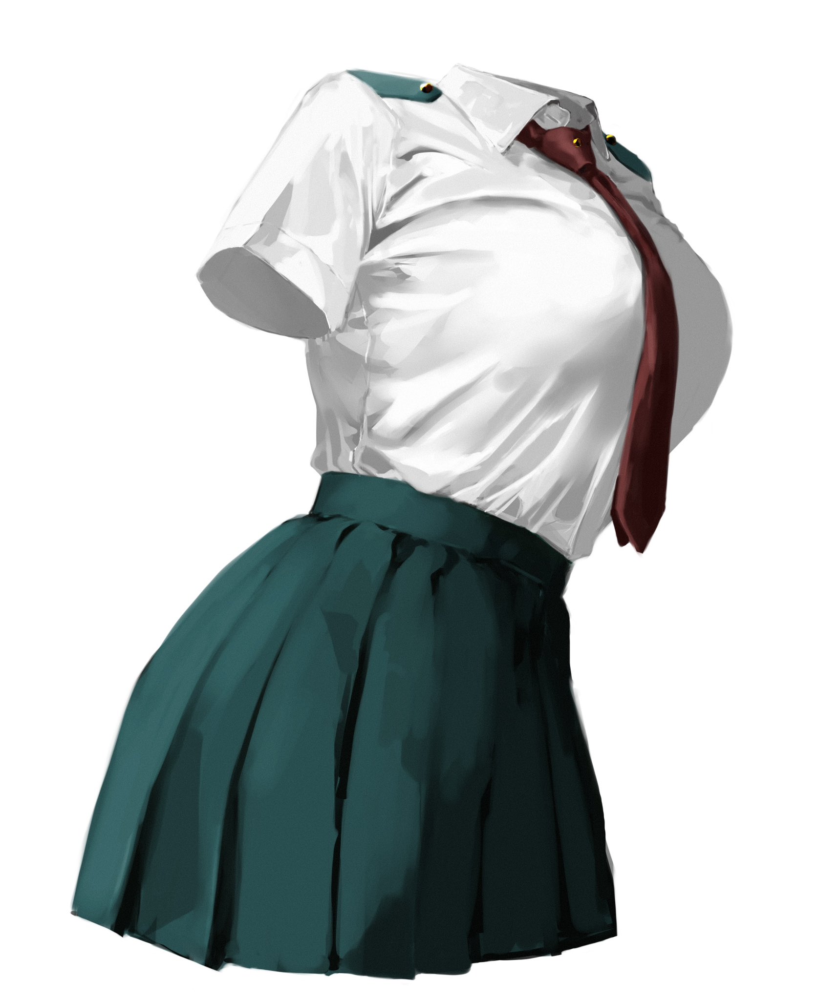raberu ruru, hagakure toru, boku no hero academia, commentary, highres, symbol-only commentary, 1girl, breasts, collared shirt, cowboy shot, green skirt, invisible, large breasts, necktie, pleated skirt, red necktie, school uniform, shirt, shirt tucked in, short sleeves, shoulder boards, simple background, skirt, solo, tented shirt, u.a. school uniform, white background, white shirt