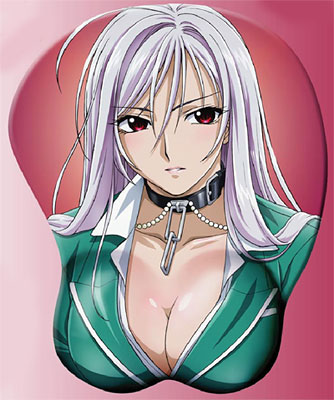 akashiya moka, inner moka, rosario+vampire, lowres, 00s, 1girl, breast mousepad, breasts, cleavage, female focus, green shirt, large breasts, long hair, mousepad (medium), red eyes, shirt, slit pupils, solo, vampire, white hair