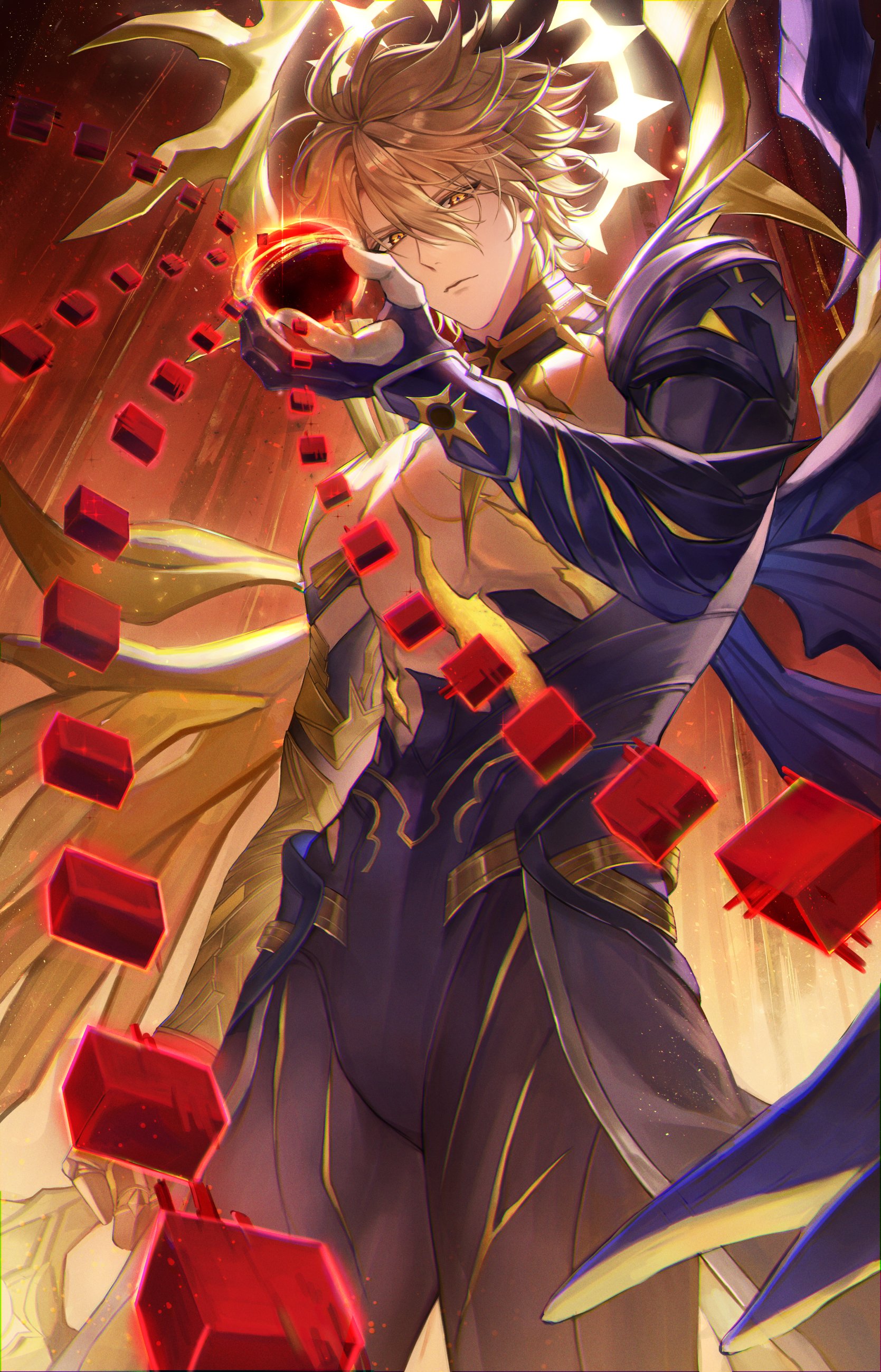 phainon (honkai: star rail), phainon (khaslana) (honkai: star rail), honkai: star rail, honkai (series), absurdres, hashtag-only commentary, highres, 1boy, alternate form, asymmetrical wings, blonde hair, closed mouth, cracked skin, from below, hair between eyes, halo, halo behind head, looking at viewer, male focus, short hair, solo, togo 111, wings, yellow eyes