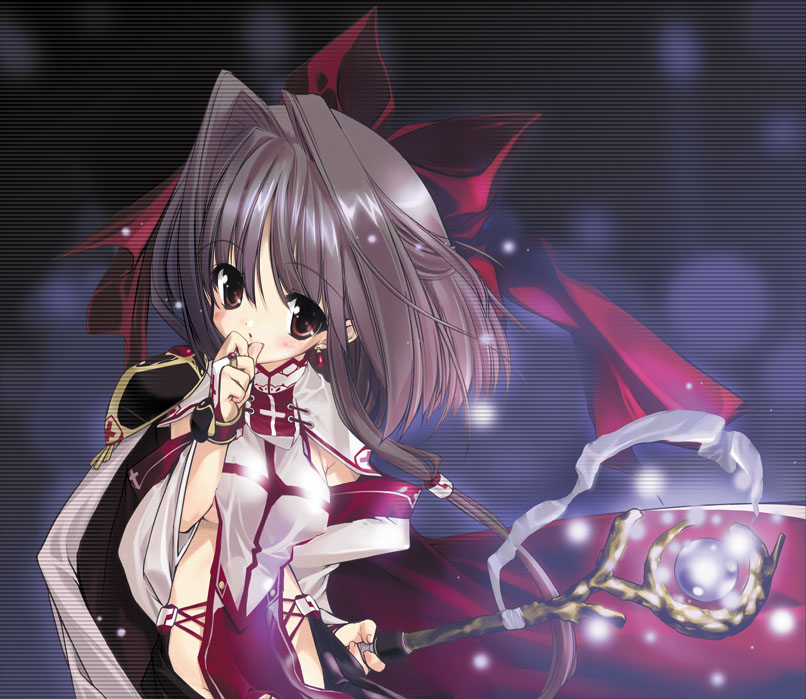 urotan, original, 1girl, bow, breasts, bridal gauntlets, cape, earrings, female focus, grey hair, hair bow, jewelry, magic, priestess, red eyes, solo, staff, underboob