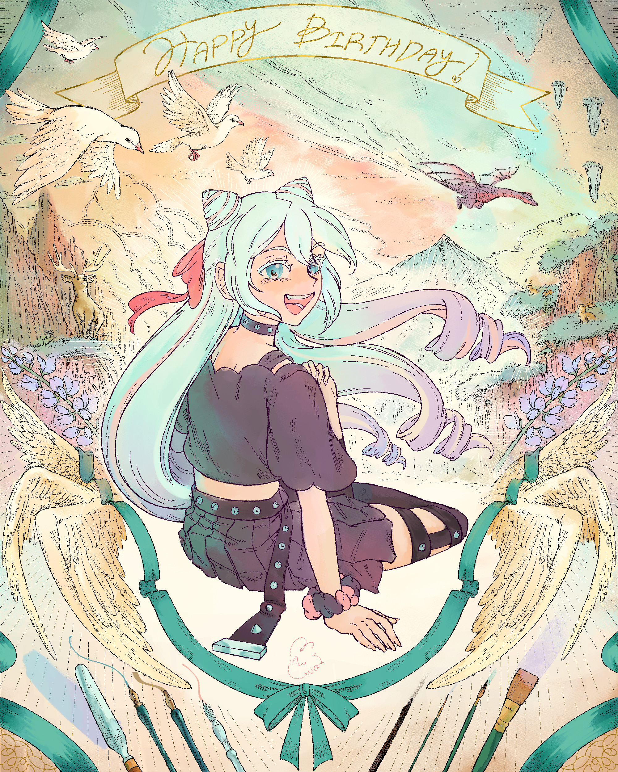 rosado (fire emblem), fire emblem, fire emblem engage, nintendo, absurdres, highres, 1boy, androgynous, blue eyes, blue hair, cone hair bun, drill hair, folded twintails, hair bun, hair horns, happy birthday, long hair, looking at viewer, male focus, mawguai, pink hair, smile, solo, trap