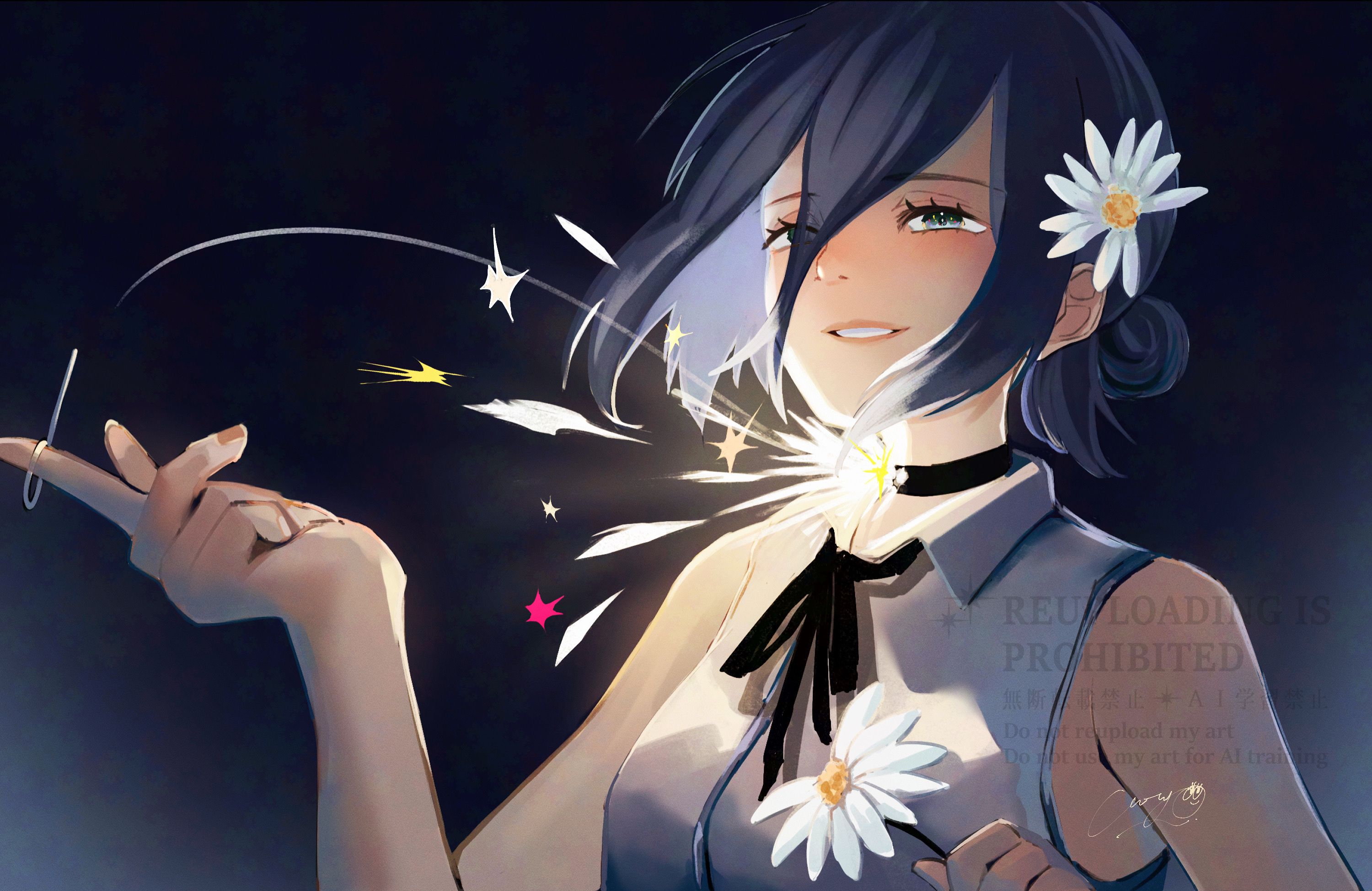 uyumaru art, reze (chainsaw man), chainsaw man, highres, 1girl, black choker, black hair, black ribbon, choker, flower, green eyes, grey shirt, hair between eyes, hair bun, hair flower, hair ornament, imminent explosion, neck ribbon, ribbon, shirt, sleeveless, sleeveless shirt, solo, sparks, teeth, watermark, white flower
