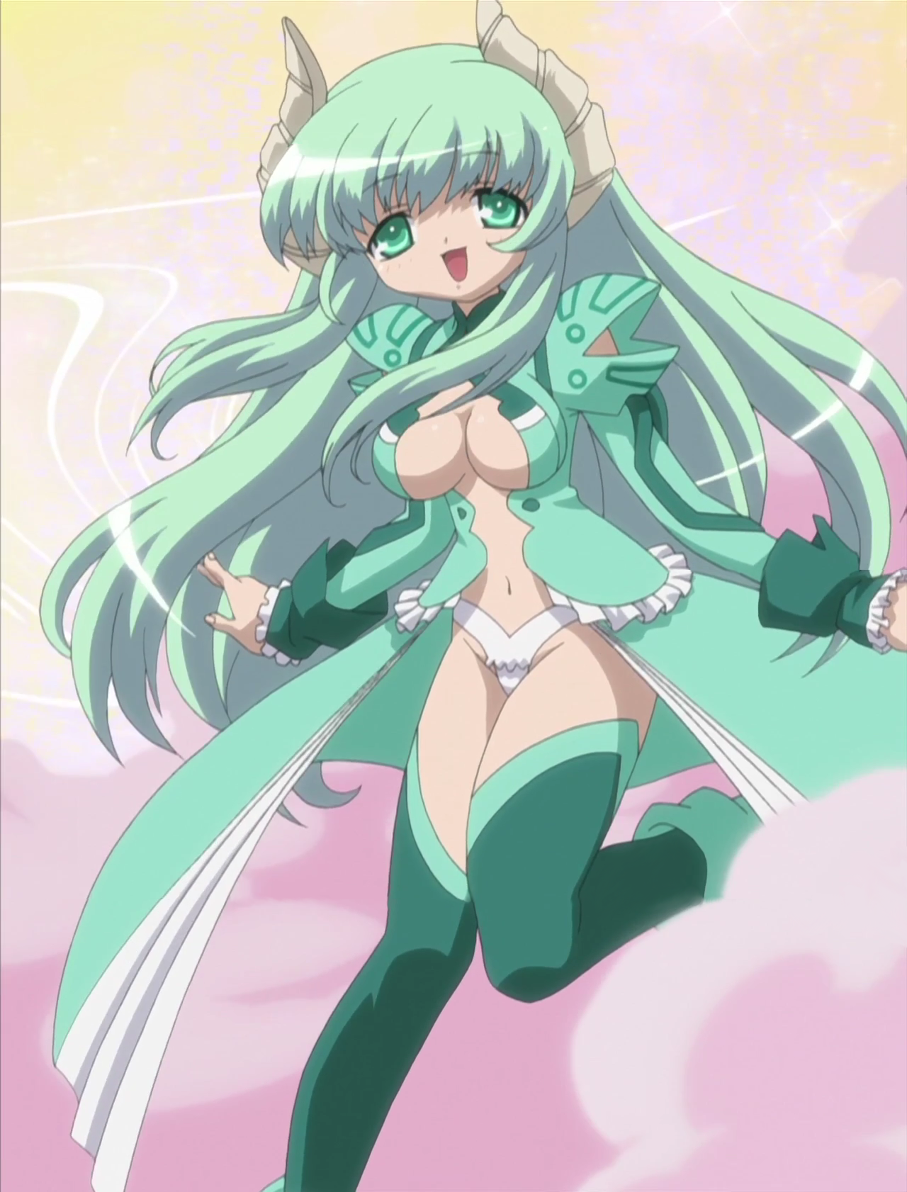 falce, magician's academy, anime screenshot, highres, stitched, third-party edit, 00s, 1girl, breasts, cleavage, dress, female focus, frills, green eyes, green hair, happy, horns, large breasts, leg lift, long hair, matching hair/eyes, navel, no bra, open clothes, open shirt, panties, shirt, solo, thighhighs, underwear, white panties