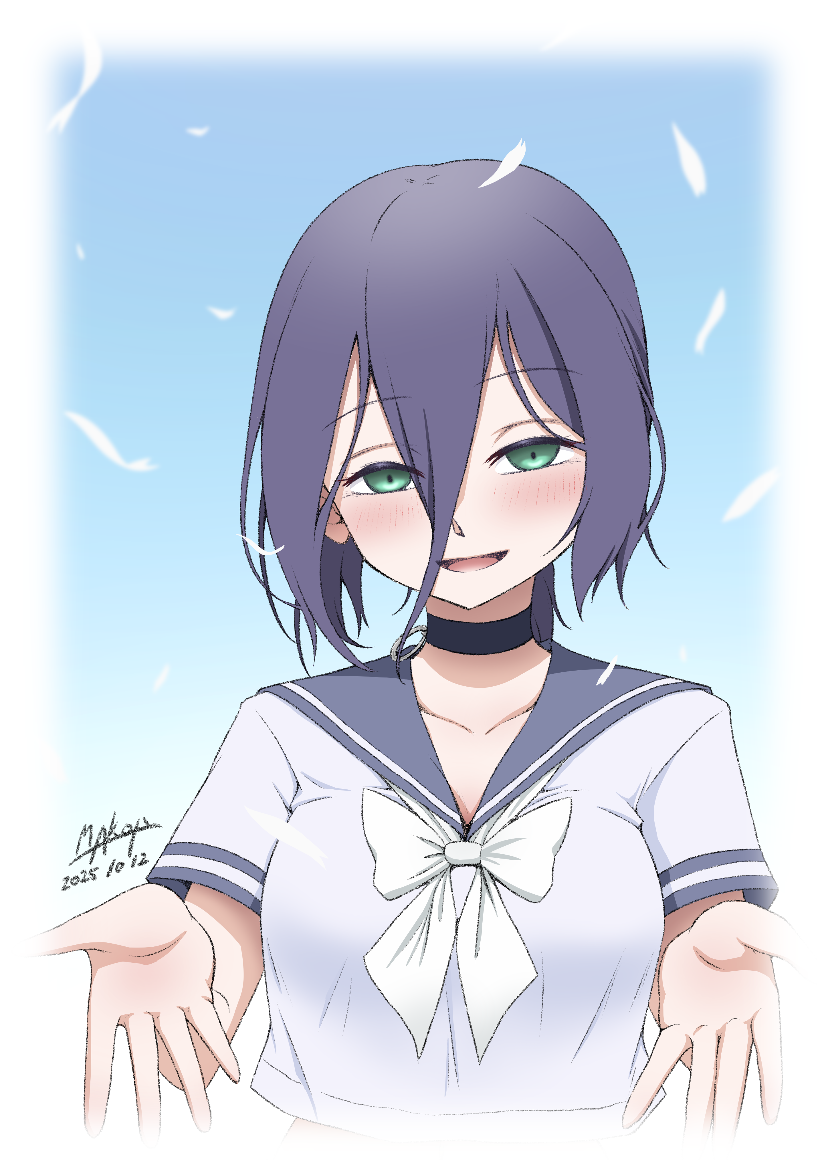 maco tie, reze (chainsaw man), chainsaw man, absurdres, highres, 1girl, artist name, black choker, blue hair, choker, dated, green eyes, grenade pin, hair between eyes, light blush, looking at viewer, open mouth, ribbon, school uniform, serafuku, shirt, solo, white ribbon, white shirt