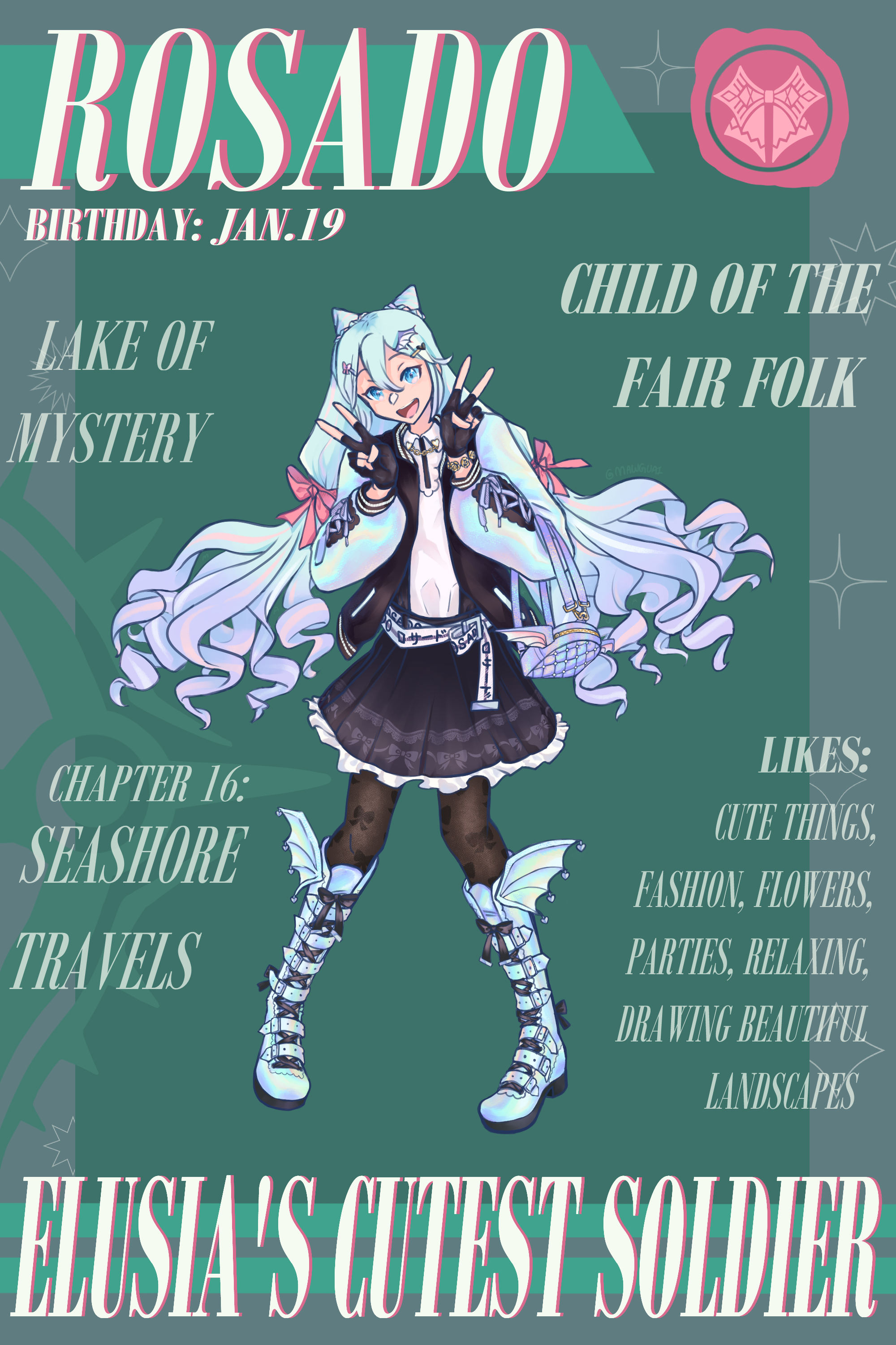 rosado (fire emblem), fire emblem, fire emblem engage, nintendo, absurdres, highres, 1boy, alternate costume, androgynous, blue hair, character name, hair bun, hair horns, long hair, looking at viewer, mawguai, pink hair, solo, trap