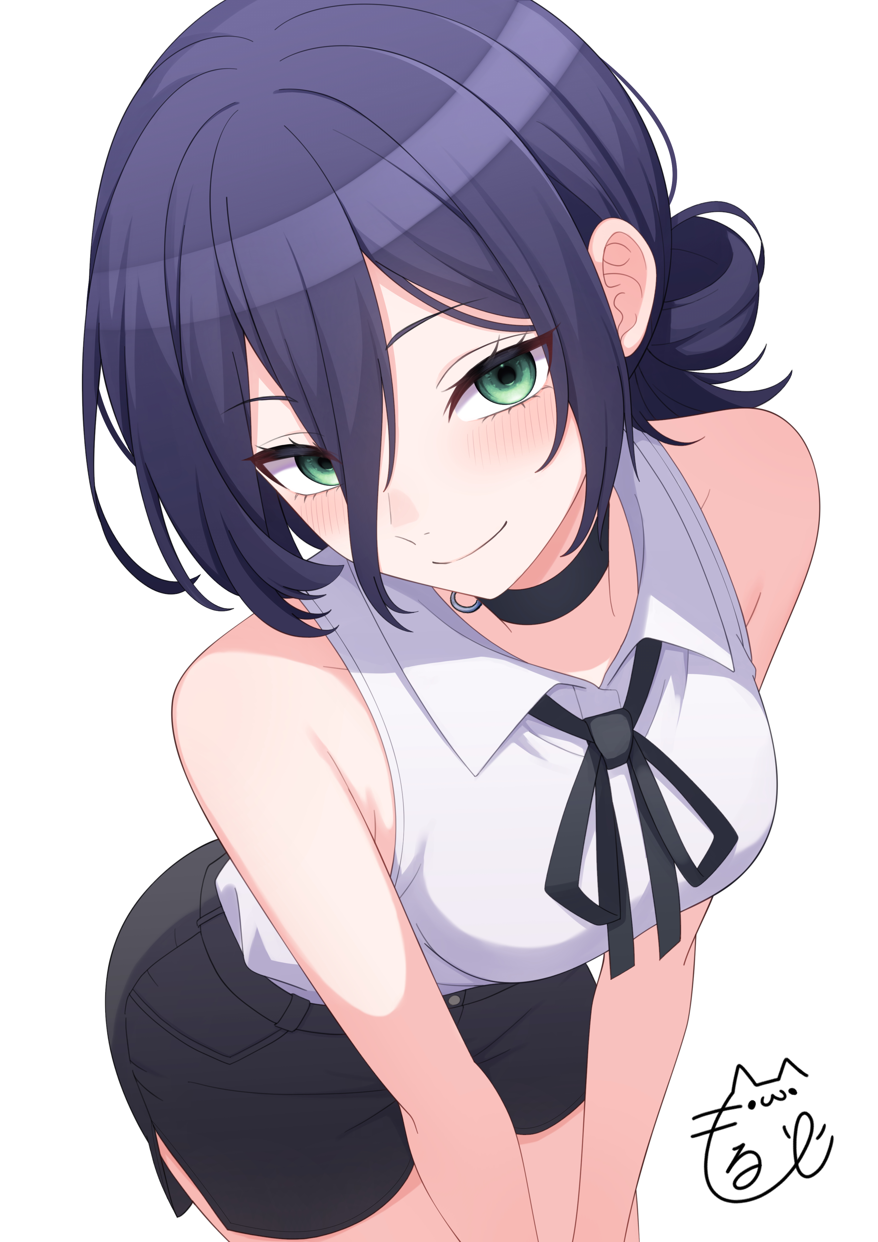 mol fire893, reze (chainsaw man), chainsaw man, absurdres, highres, 1girl, black choker, black ribbon, black shorts, blue hair, breasts, choker, closed mouth, collared shirt, green eyes, grenade pin, hair between eyes, hair bun, medium breasts, neck ribbon, ribbon, shirt, short shorts, shorts, sleeveless, sleeveless shirt, smile, solo, white shirt