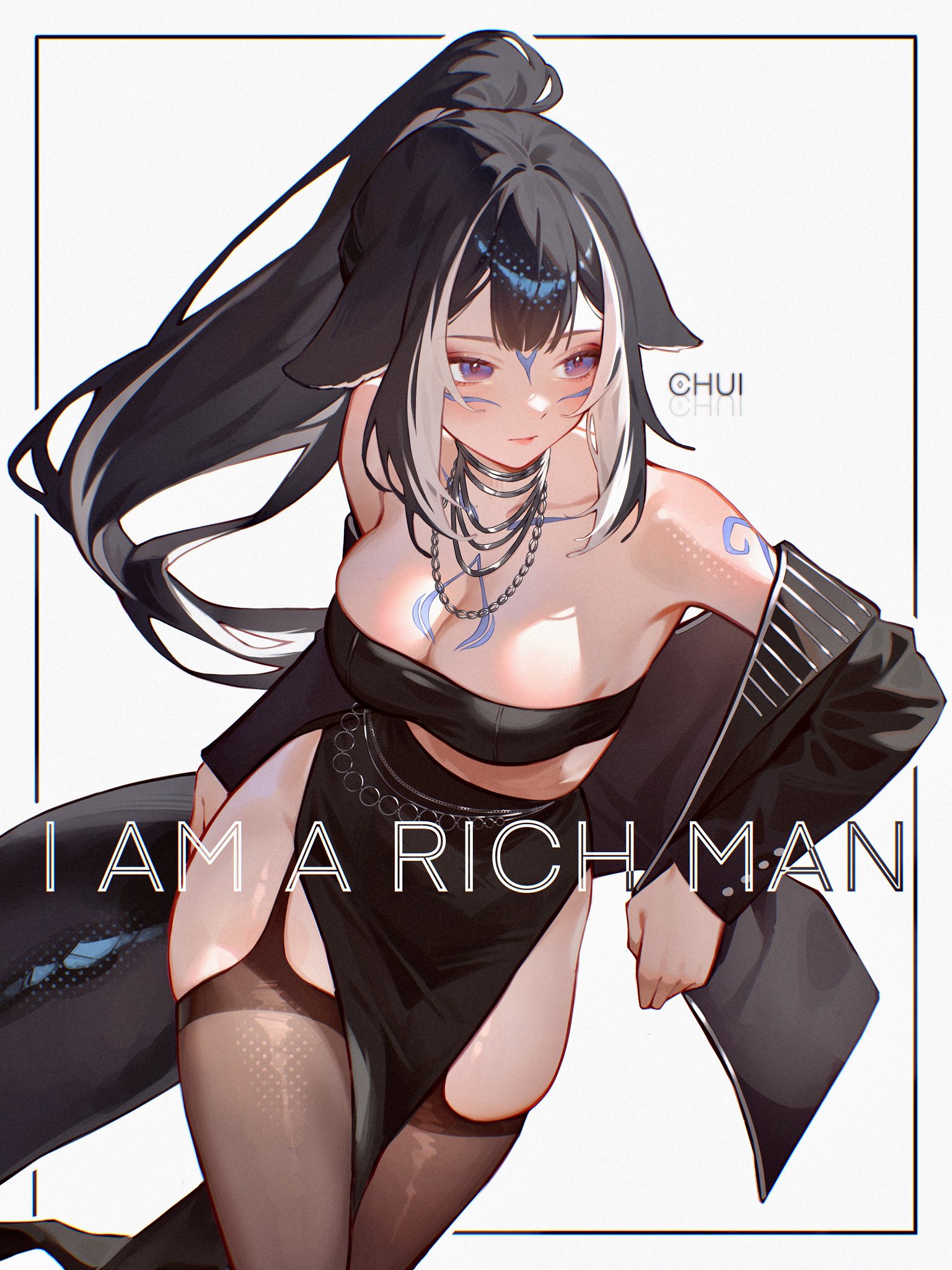 chui art, shylily, indie virtual youtuber, highres, 1girl, bandeau, black hair, black thighhighs, body markings, breasts, cetacean tail, cleavage, english text, facial mark, fins, fish tail, garter straps, jacket, jewelry, large breasts, long hair, multicolored hair, necklace, open clothes, open jacket, orca girl, ponytail, solo, streaked hair, tail, thighhighs, two-tone hair, virtual youtuber, white hair