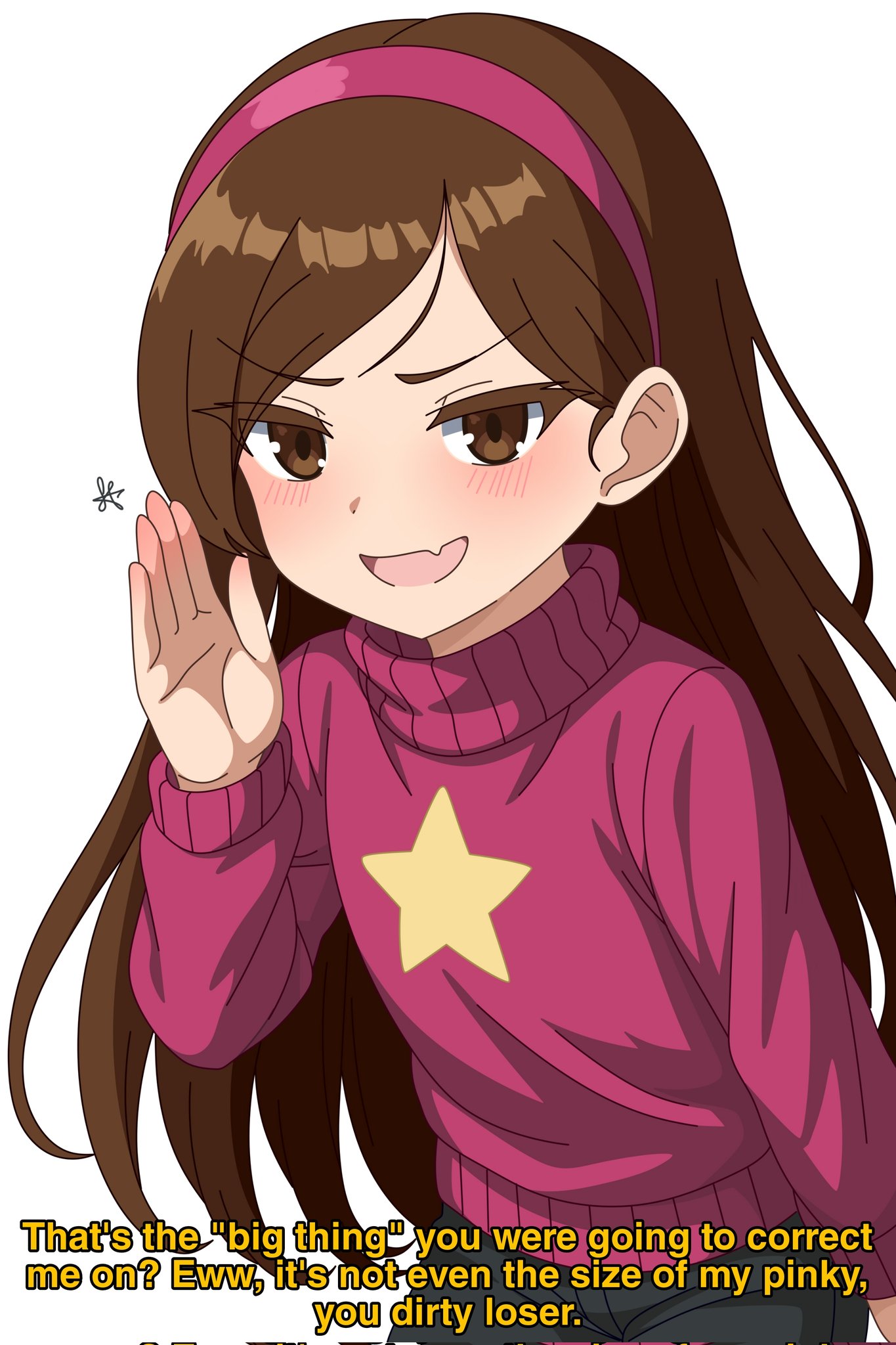 mabel pines, gravity falls, commentary, corrupted twitter file, english commentary, highres, 1girl, animification, asymmetrical bangs, black pants, blush, brown hair, english text, fang, hairband, hanabi kaji, hand up, long hair, long sleeves, looking at viewer, pants, pink hairband, pink sweater, skin fang, solo, star (symbol), subtitled, sweater, v-shaped eyebrows