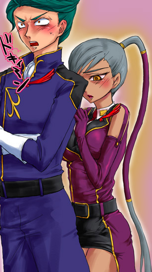 jeremiah gottwald, villetta nu, code geass, silver hair, 00s, 1boy, 1girl, blush, brown eyes, cowboy shot, dark skin, long sleeves, ponytail, shorts, socks, thigh gap, wide-eyed