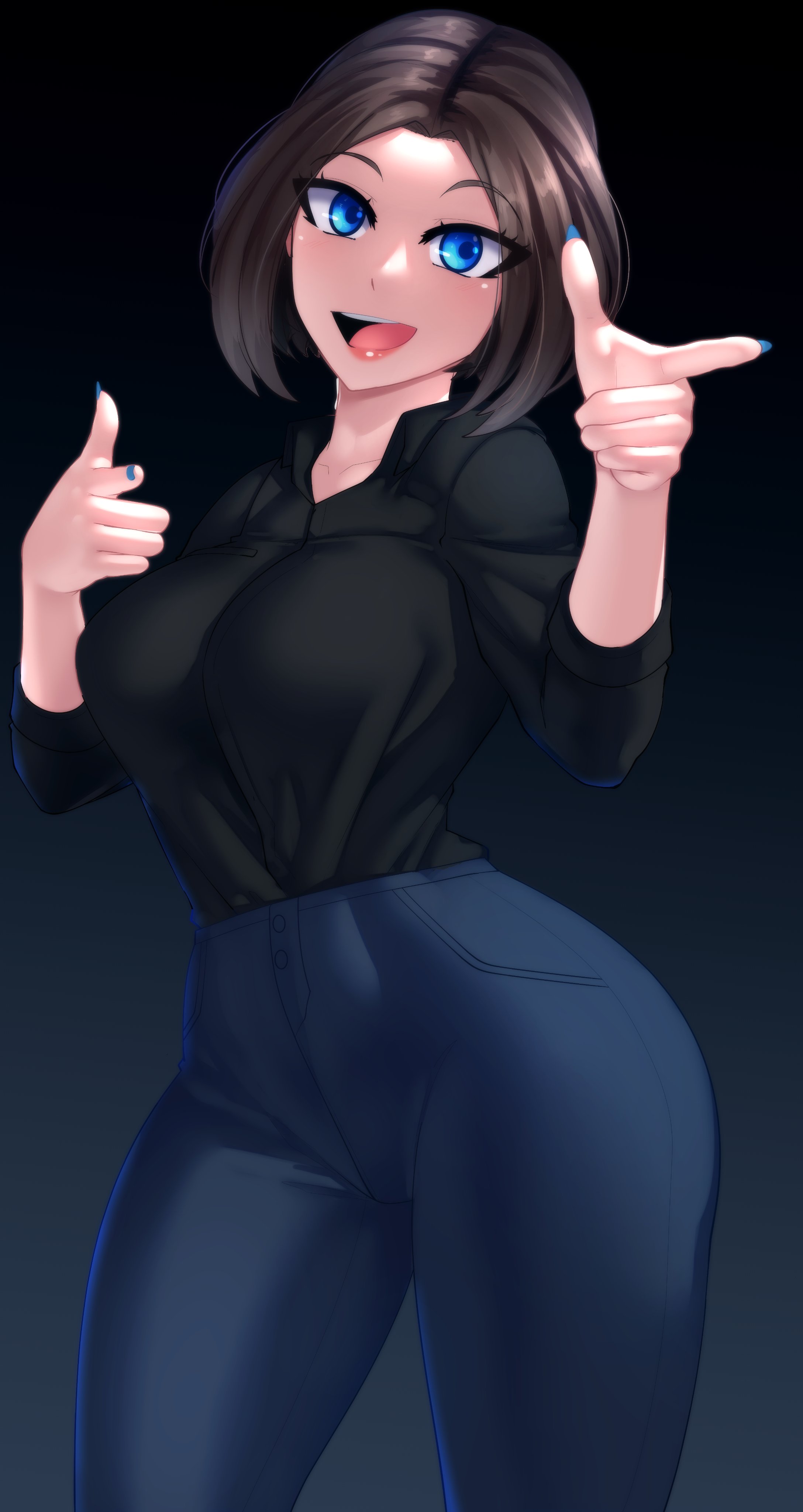 karmanseph, samsung sam, samsung, absurdres, highres, 1girl, black shirt, blue eyes, blue nails, blue pants, breasts, brown hair, contrapposto, cowboy shot, double finger gun, finger gun, gradient background, high-waist pants, large breasts, lips, medium hair, open mouth, pants, parted bangs, parted hair, shirt, shirt tucked in, simple background, smile, standing