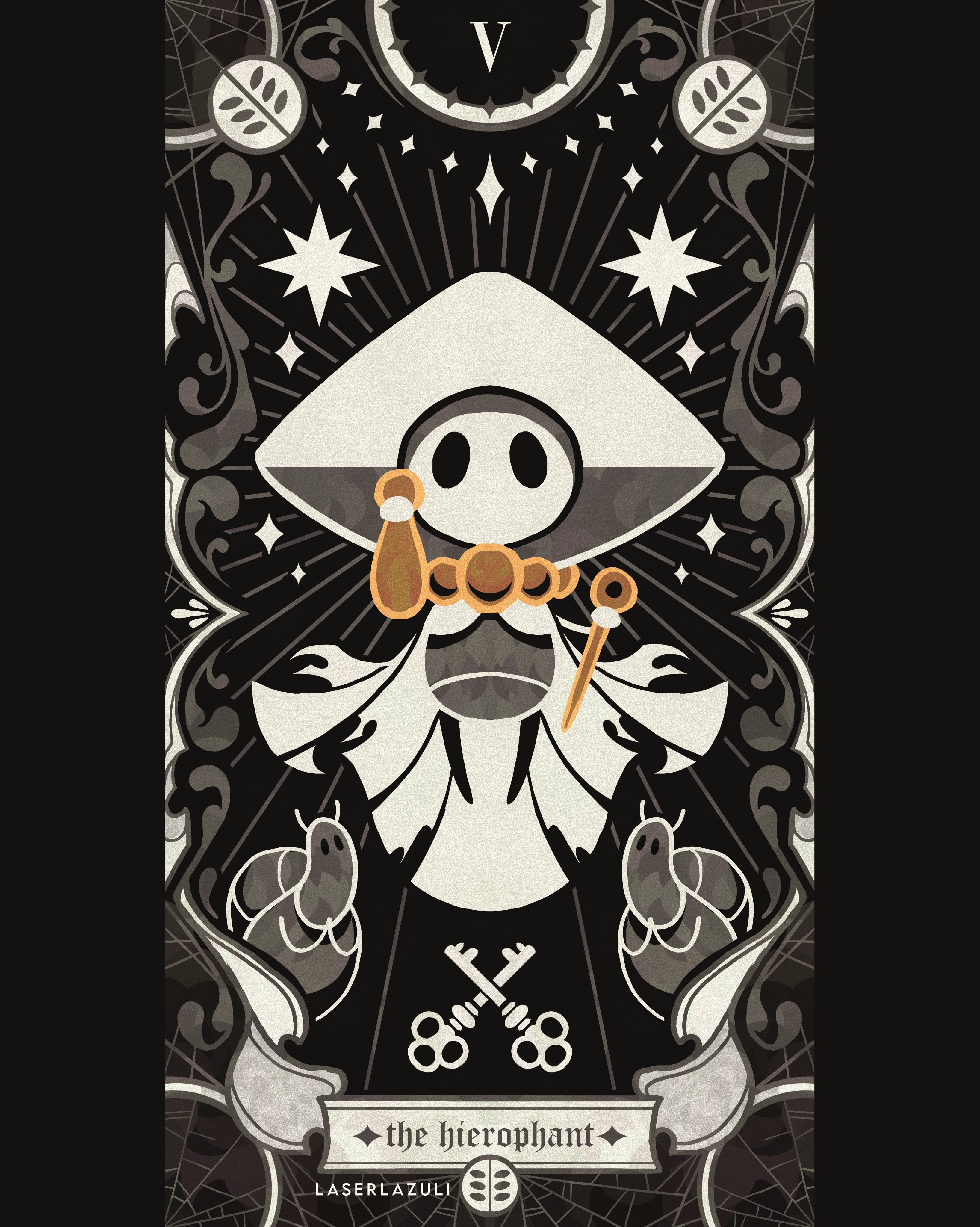laserlazuli, sherma (hollow knight), hollow knight, hollow knight: silksong, absurdres, commentary, english commentary, highres, 1boy, arthropod boy, artist name, black eyes, black skin, cape, card (medium), cloak, colored skin, english text, facing viewer, full body, greyscale, hat, holding, holding instrument, hollow eyes, instrument, key, looking at another, mask, monochrome, pillarboxed, silk, spider web, spot color, tarot, tarot (medium), the fool (tarot), worm