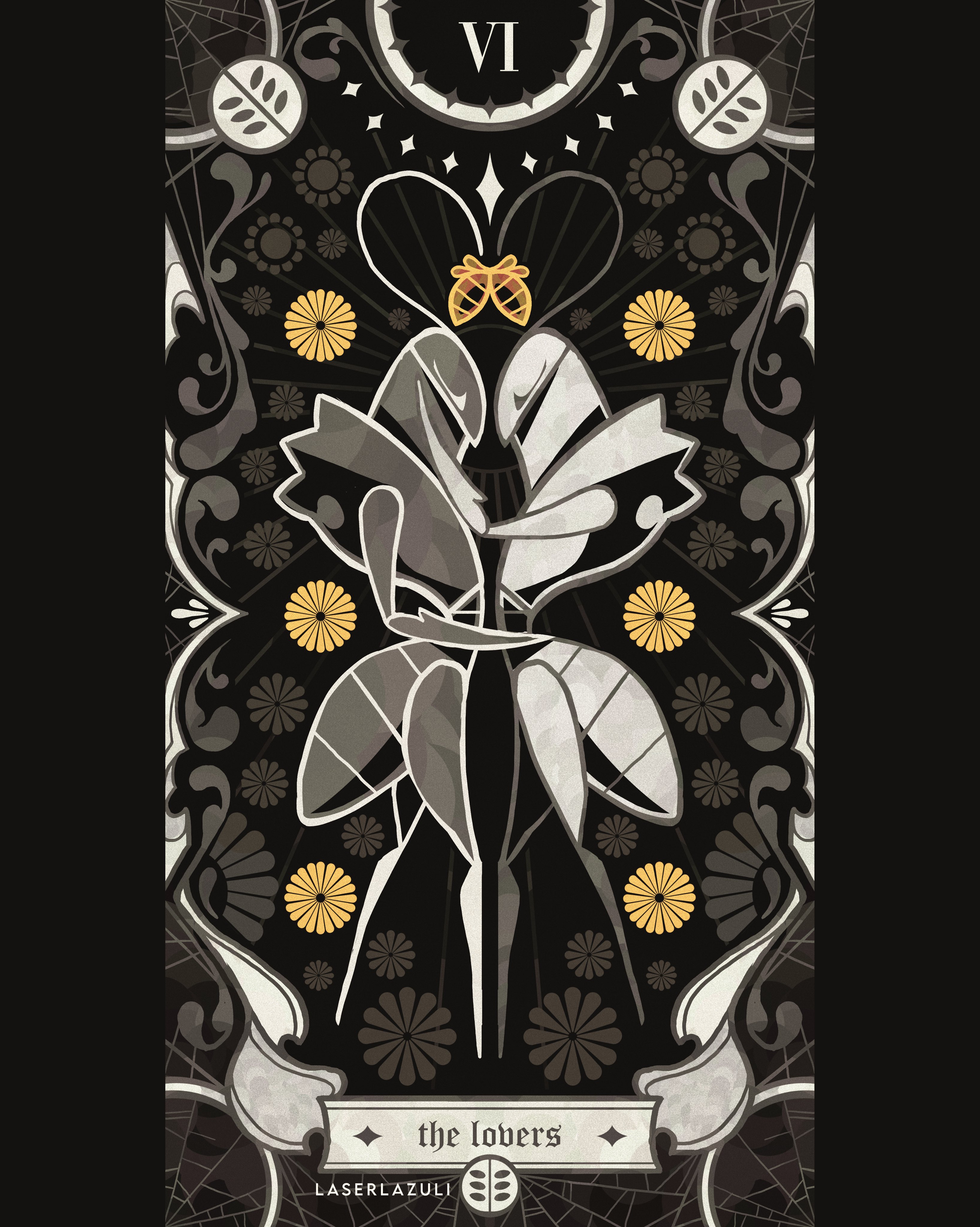 laserlazuli, hollow knight, hollow knight: silksong, absurdres, commentary, english commentary, highres, 2boys, antennae, arthropod boy, artist name, card (medium), closed eyes, english text, full body, green prince (hollow knight), heart antennae, hug, male focus, mantis boy, multiple boys, pillarboxed, silk, solo, spider web, spot color, standing, tarot, tarot (medium), the lovers (tarot), yaoi