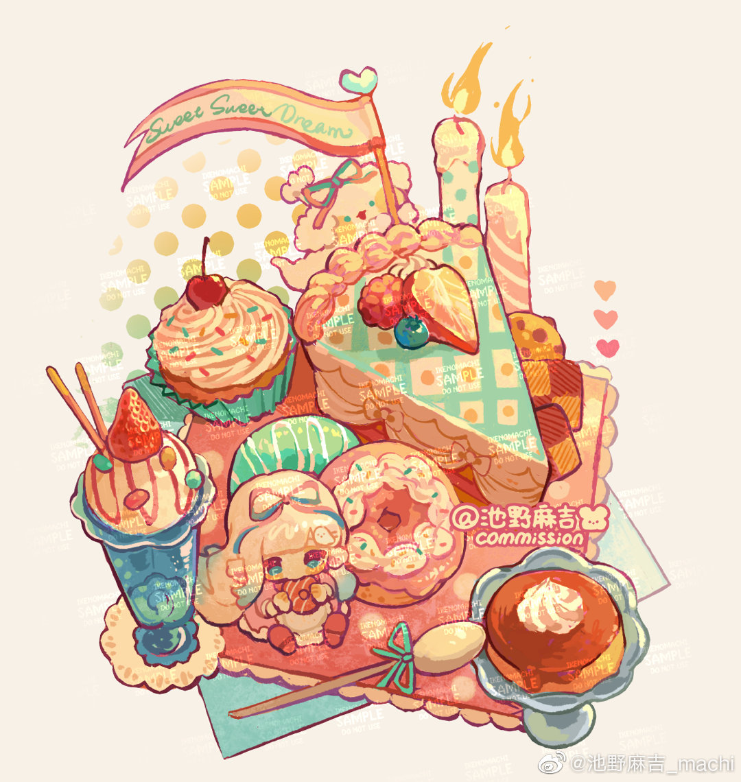 original, commission, 1girl, absurdly long hair, apron, aqua ribbon, artist name, blue eyes, blue ribbon, bowl, cake, cake slice, candle, candy, checkerboard cookie, chewing, chibi, chocolate chip cookie, colored tips, cookie, cupcake, dog, donut, dress, eating, fire, flag, food, food focus, frilled apron, frilled dress, frills, fruit, ghost, glass bowl, grey hair, hair ribbon, hair spread out, halftone, halftone background, holding, holding food, ice cream, jelly bean, long dress, long hair, long sleeves, machi nailao bao, mini person, minigirl, multicolored hair, napkin, pink dress, pink ribbon, pink shoes, pocky, poodle, pudding, puffy long sleeves, puffy sleeves, ribbon, sample watermark, shoes, sitting, spoon, strawberry, strawberry slice, two-tone ribbon, very long hair, watermark, watermark grid, weibo watermark, whipped cream, white apron