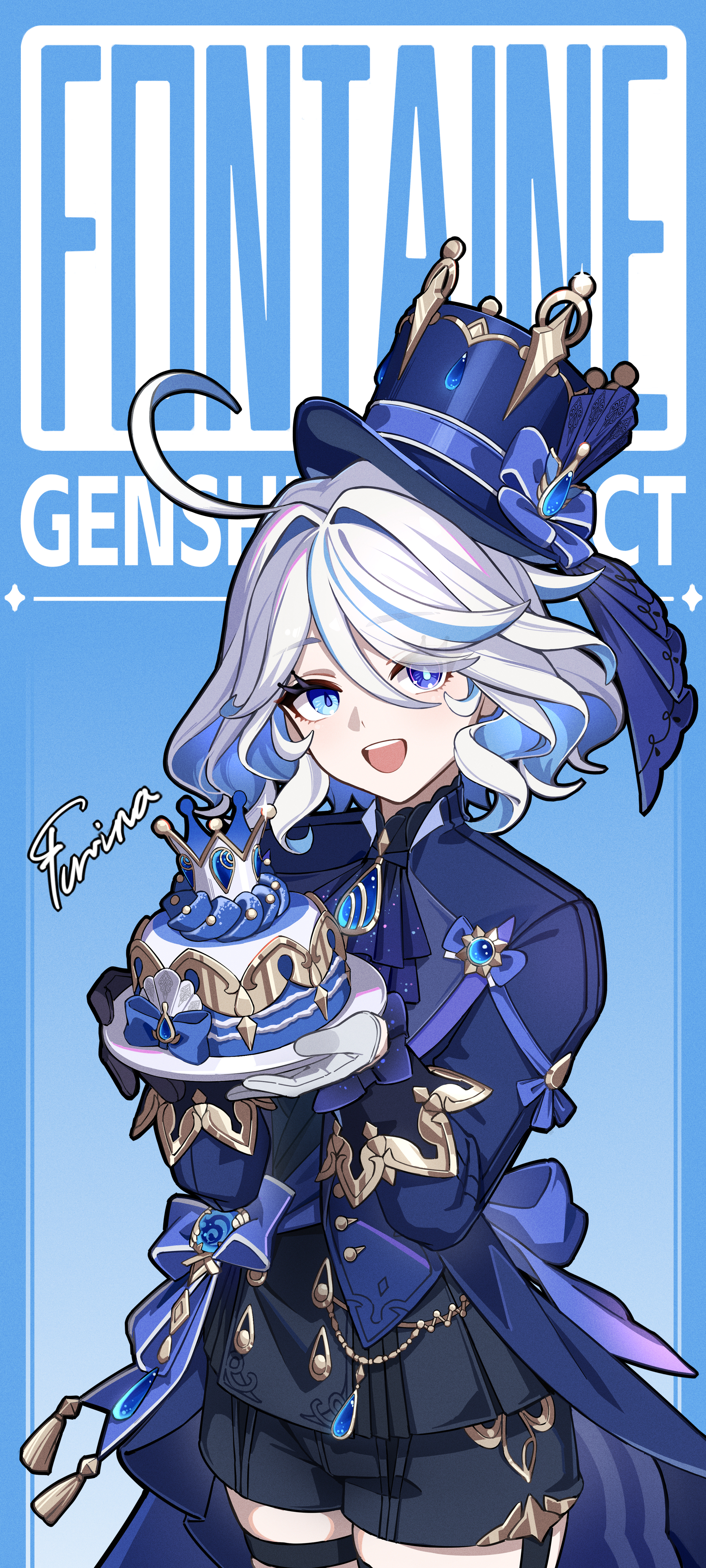 man ge, furina (genshin impact), genshin impact, absurdres, commentary request, highres, "pour la justice" (genshin impact), 1girl, :d, ahoge, black shorts, blue background, blue eyes, blue hair, blue hat, blue jacket, cake, character name, colored inner hair, cowboy shot, food, gloves, hat, holding, holding plate, jacket, long sleeves, looking at viewer, multicolored hair, open mouth, plate, short hair, shorts, smile, solo, standing, top hat, white gloves, white hair