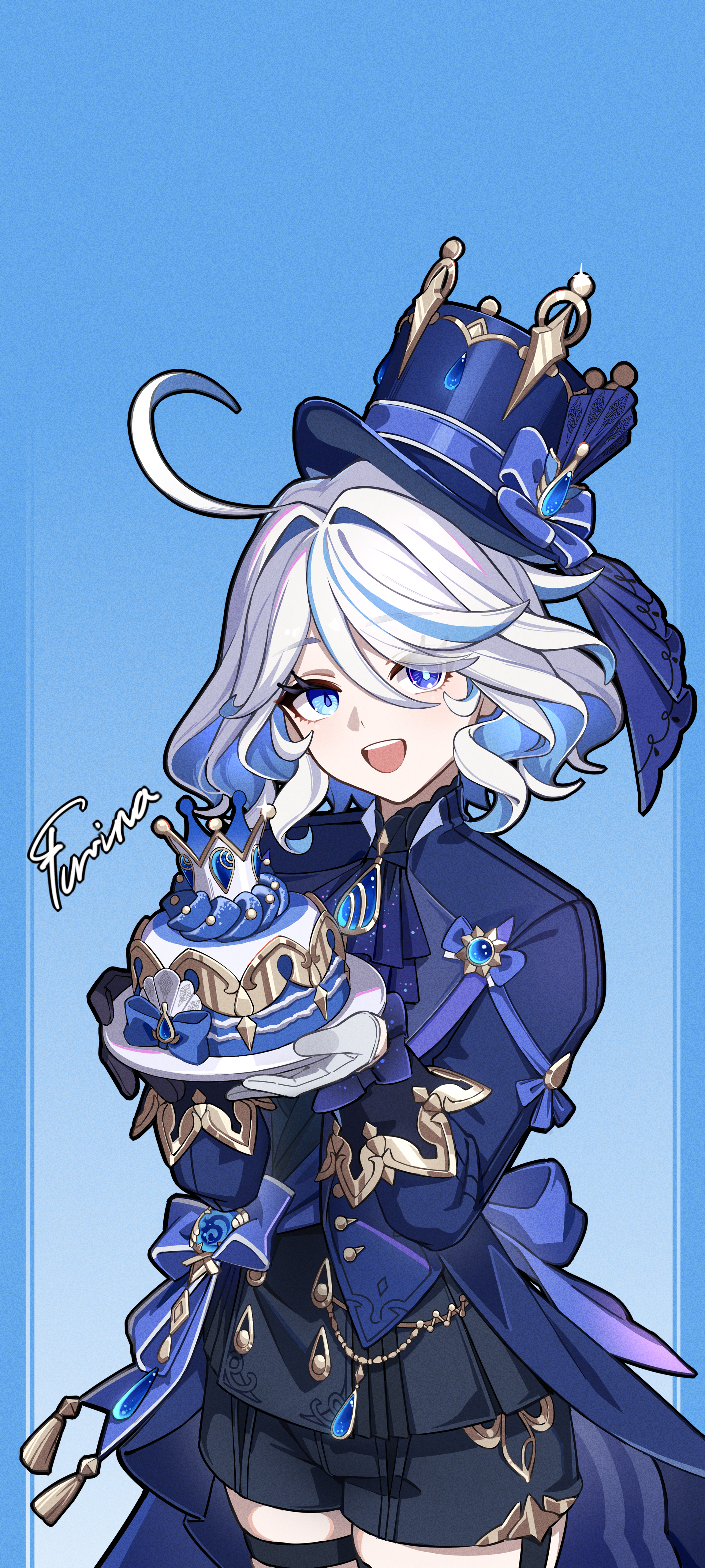 man ge, furina (genshin impact), genshin impact, absurdres, commentary request, highres, "pour la justice" (genshin impact), 1girl, :d, ahoge, black shorts, blue background, blue eyes, blue hair, blue hat, blue jacket, cake, character name, colored inner hair, cowboy shot, food, gloves, hat, holding, holding plate, jacket, long sleeves, looking at viewer, multicolored hair, open mouth, plate, short hair, shorts, smile, solo, standing, top hat, white gloves, white hair