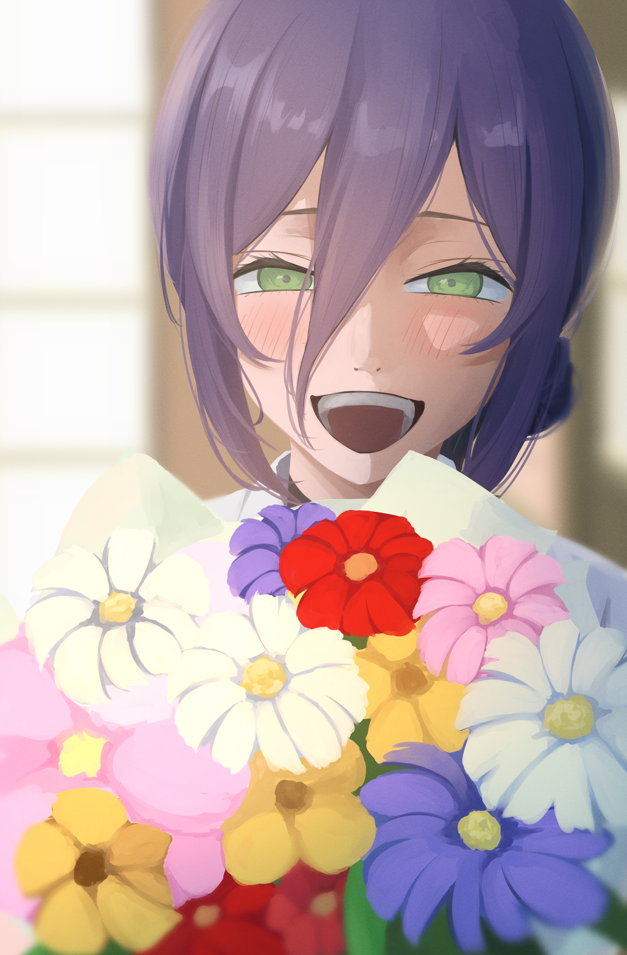user vste5847, reze (chainsaw man), chainsaw man, absurdres, highres, 1girl, :d, blue flower, blurry, blurry background, bouquet, flower, green eyes, hair between eyes, indoors, light blush, looking at viewer, open mouth, pink flower, purple hair, red flower, smile, solo, teeth, white flower, window