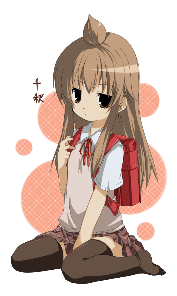kosumo, minami chiaki, minami-ke, 00s, ahoge, backpack, bag, brown eyes, brown hair, kneeling, long hair, randoseru, school uniform, solo, thighhighs, zettai ryouiki