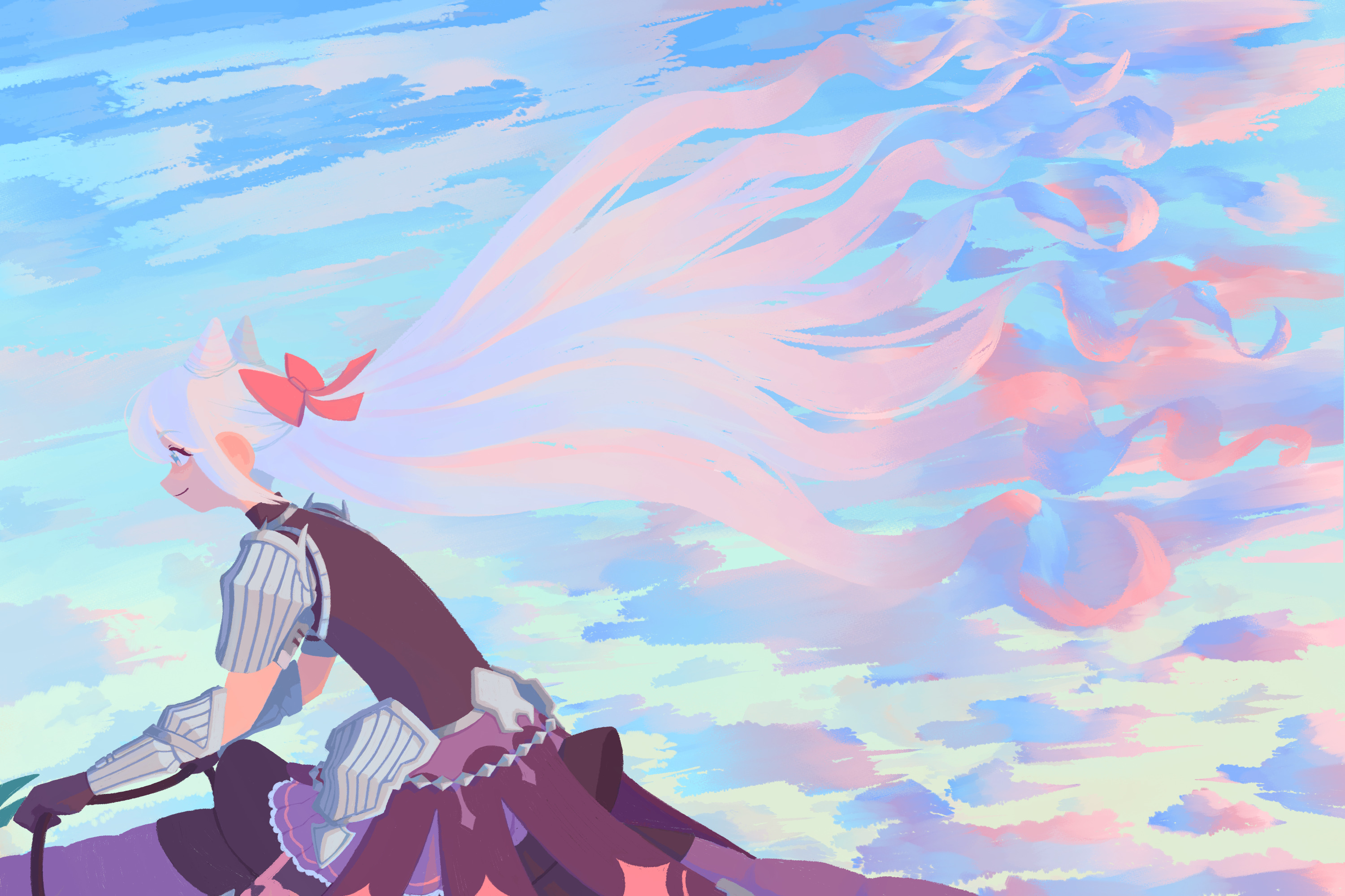rosado (fire emblem), fire emblem, fire emblem engage, nintendo, highres, 1boy, androgynous, blue hair, blue sky, bow, cone hair bun, drill hair, hair bow, hair bun, hair horns, long hair, mawguai, pink bow, sky, trap