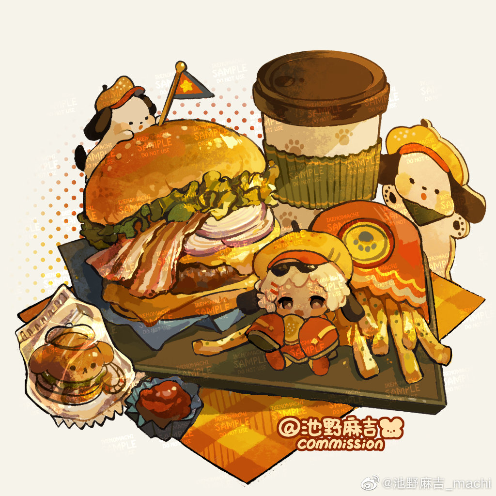 pochacco, original, sanrio, chinese commentary, commentary request, commission, 1girl, animal ears, artist name, bacon, burger, character charm, charm (object), cheese, chibi, cup, disposable coffee cup, disposable cup, dog ears, eating, eyewear on head, fast food, flag, floppy ears, food, food charm, french fries, grey background, hair ornament, hairclip, halftone, halftone background, happy, hat, holding, holding food, ketchup, lettuce, long sleeves, machi nailao bao, napkin, newsboy cap, onion slice, oversized clothes, parallel hairclips, red shirt, red shoes, sample watermark, shirt, shoes, short hair, sitting, sleeves past fingers, sleeves past wrists, solo, sunglasses, tray, watermark, watermark grid, weibo watermark, white hair, yellow hat