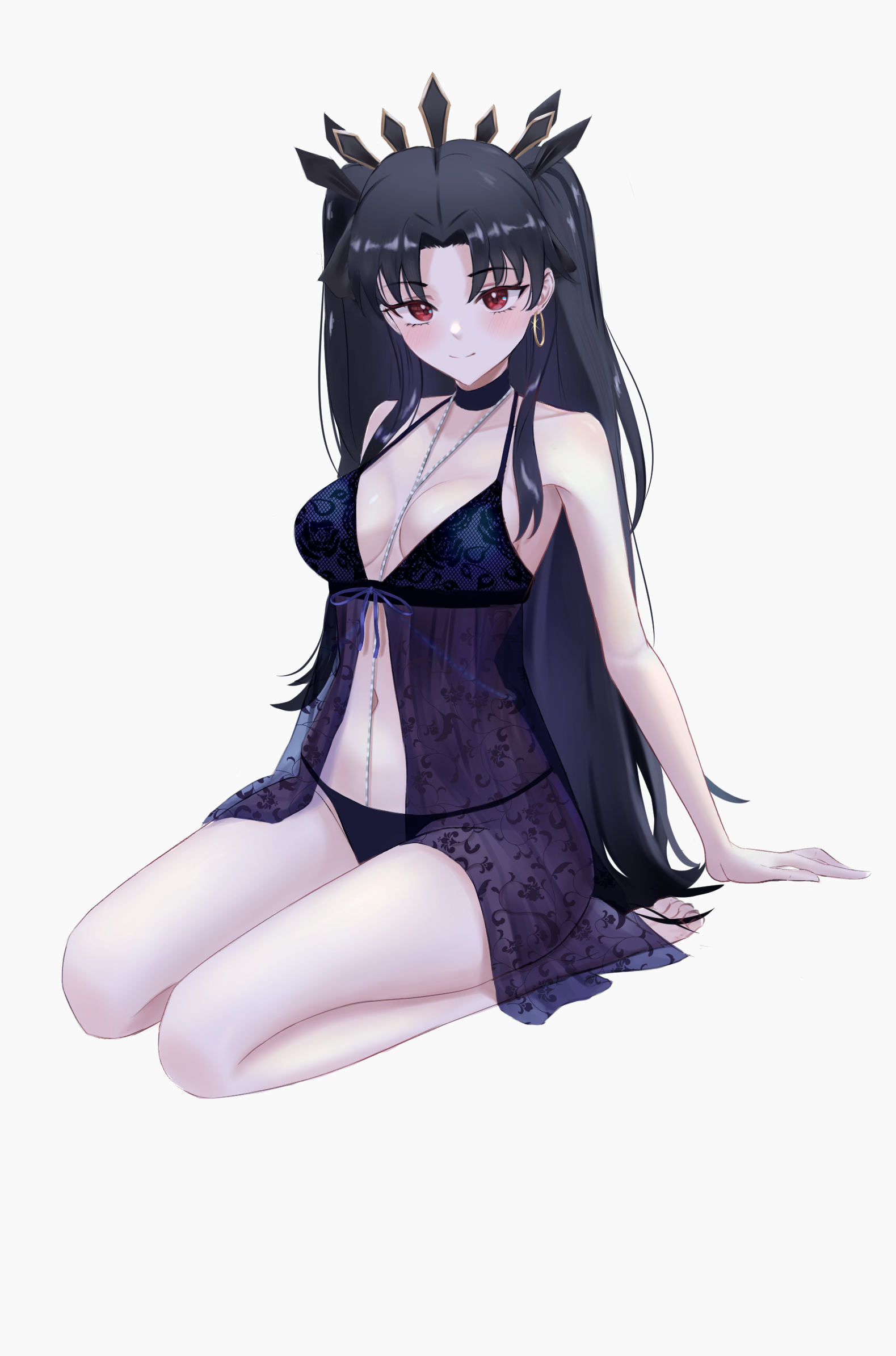 eiundmarmalade, ishtar (fate), fate/grand order, fate (series), highres, 1girl, babydoll, bare shoulders, black babydoll, black choker, black hair, black panties, breasts, choker, closed mouth, earrings, full body, gold earrings, hoop earrings, jewelry, lingerie, long hair, looking at viewer, medium breasts, navel, panties, red eyes, seiza, simple background, sitting, smile, solo, stomach, thighs, tiara, underwear, very long hair, white background