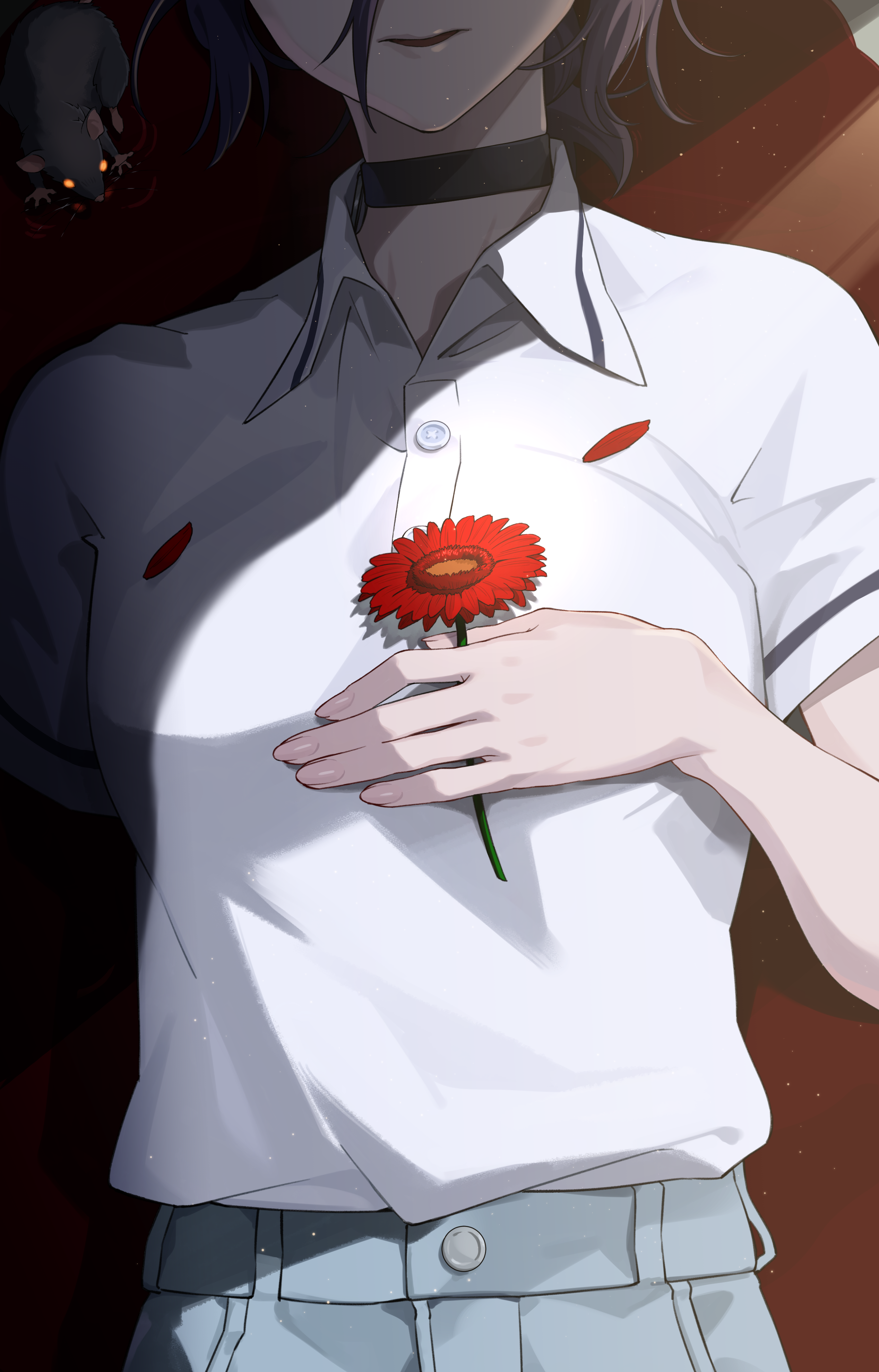 gashino, reze (chainsaw man), chainsaw man, absurdres, commentary request, highres, spoilers, 1girl, black choker, black hair, blood, blue shorts, choker, flower, head out of frame, holding, holding flower, implied death, lying, mouse (animal), on back, polo shirt, red flower, shirt, shirt tucked in, shorts, solo, white shirt