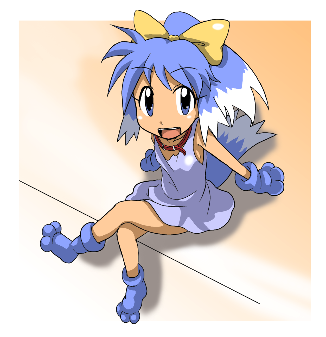 takaya n, inu-t, os-tan, highres, 1girl, blue eyes, blue hair, bow, breasts, collar, dog tail, female focus, hair ribbon, matching hair/eyes, ribbon, sideboob, sitting, small breasts, solo, tail, yellow bow