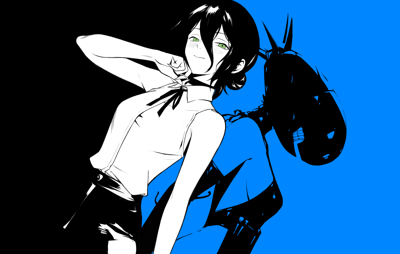 potatoy, bomb devil (chainsaw man), reze (chainsaw man), chainsaw man, 1girl, apron, breasts, choker, closed mouth, collared shirt, dual persona, elbow gloves, gloves, green eyes, grenade pin, hair between eyes, hair bun, object head, shirt, shirt tucked in, shorts, sleeveless, sleeveless shirt, small breasts, teeth