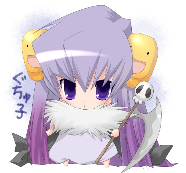 kosumo, guchuko, potemayo, 00s, chibi, gradient hair, multicolored hair, purple eyes, scythe, solo
