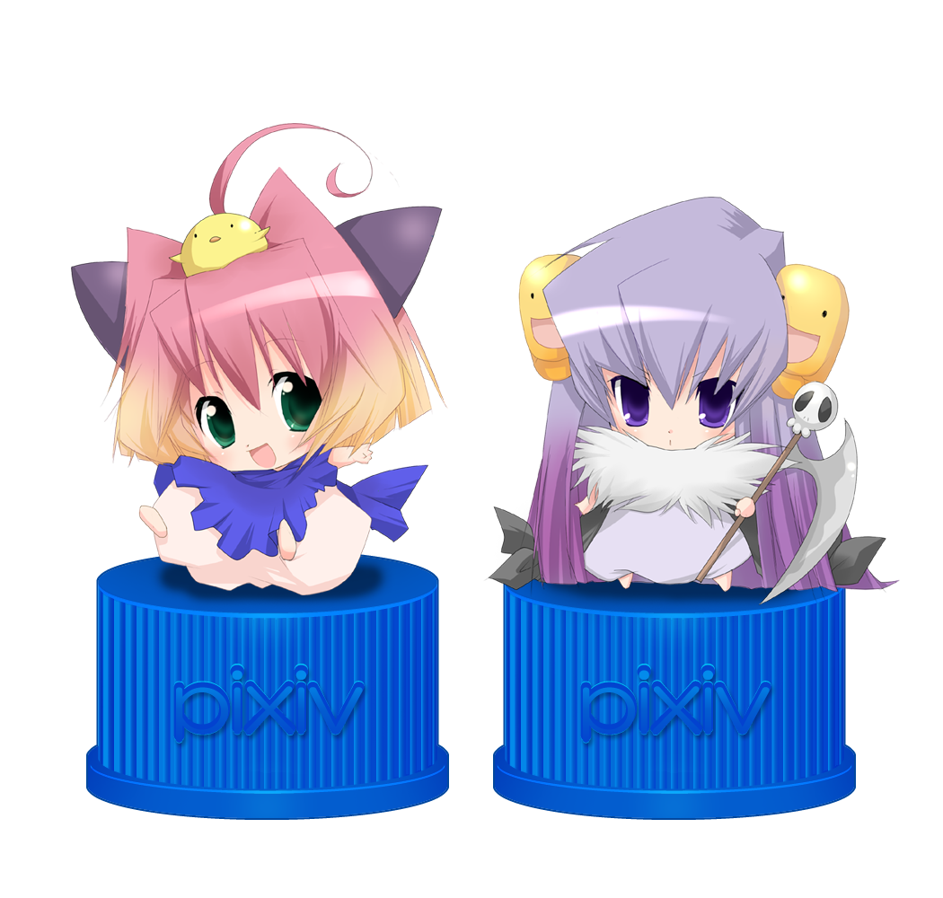 kosumo, guchuko, potemayo (character), potemayo, 00s, ahoge, animal ears, chibi, gradient hair, green eyes, multicolored hair, pixiv bottlecap, purple eyes, scythe
