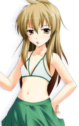mugi futoshi, minami chiaki, minami-ke, bad id, bad pixiv id, lowres, 00s, bikini, bikini top only, brown eyes, brown hair, flat chest, hand on own hip, hip focus, long hair, midriff, navel, skirt, solo, swimsuit