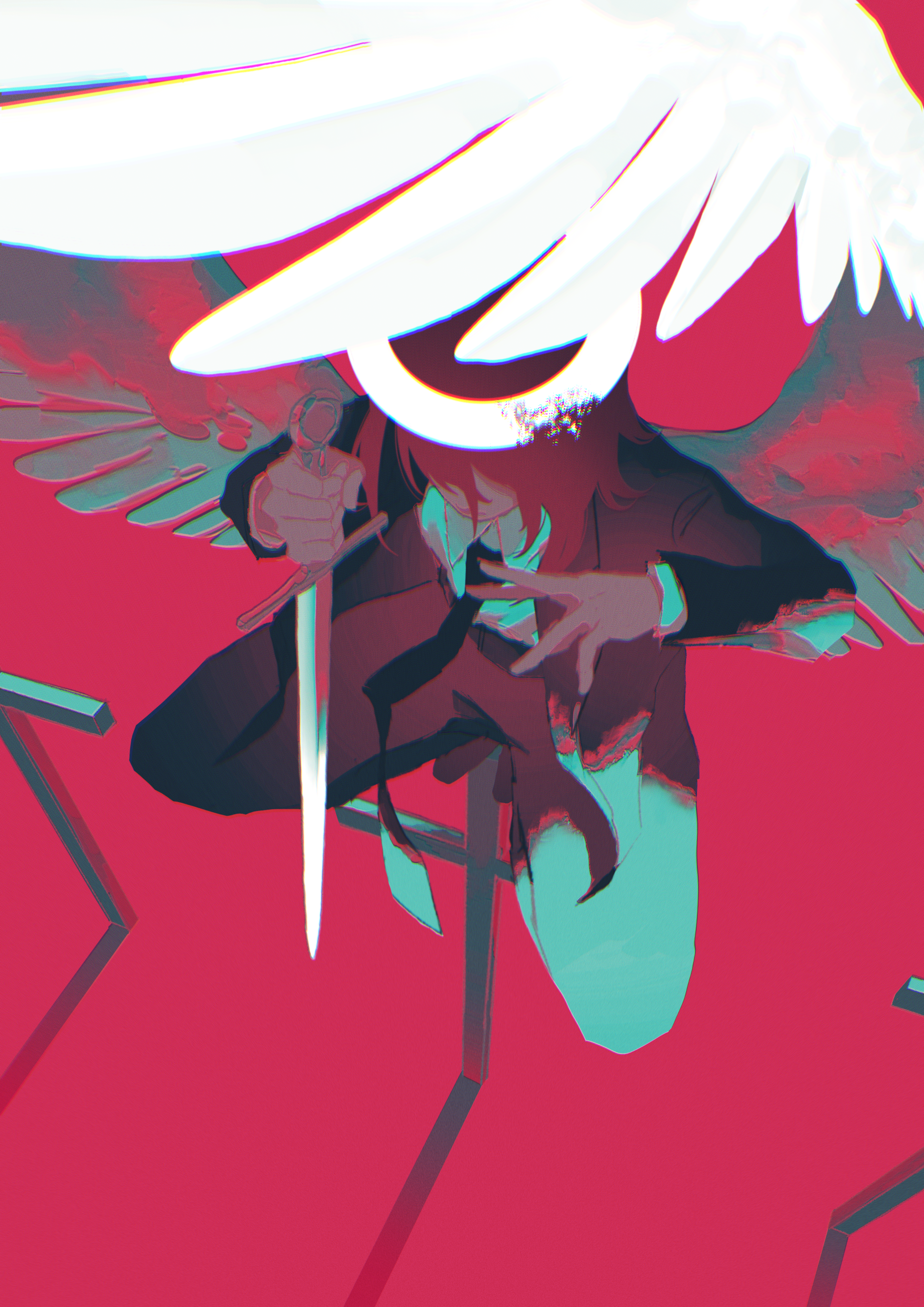 kuromakigaeru, angel devil (chainsaw man), chainsaw man, absurdres, highres, 1boy, black jacket, black necktie, black pants, black suit, cross, feathered wings, formal clothes, halo, holding, holding sword, holding weapon, jacket, long hair, male focus, necktie, pant suit, pants, red hair, solo, suit, suit jacket, sword, weapon, white halo, white wings, wings