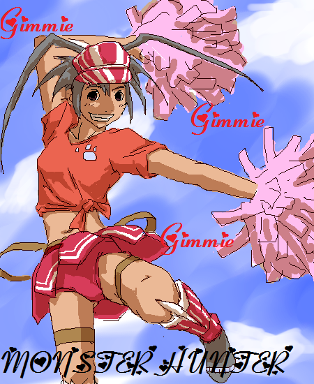 capcom, monster hunter (series), 1girl, arm up, belt, black eyes, boots, buruma, cheerleader, cloud, crop top, day, dual wielding, english text, female focus, flat chest, grey hair, grin, hat, heart, hermitaur (armor), holding, knee boots, leg lift, long hair, looking at viewer, midriff, navel, outdoors, outstretched arm, paw print, pleated skirt, pom pom (cheerleading), shirt, skirt, sky, smile, solo, spiked hair, standing, standing on one leg, t-shirt, thigh strap, tied shirt, twintails, upskirt