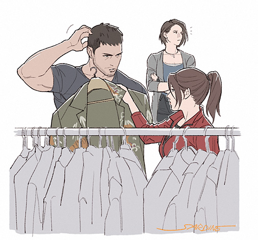 sardine (kjr0313), chris redfield, claire redfield, jill valentine, resident evil, resident evil: death island, 1boy, 2girls, artist name, beard stubble, black hair, black shirt, brown hair, facial hair, jacket, jewelry, multiple girls, necklace, ponytail, red jacket, shirt, signature, simple background, stubble, white background