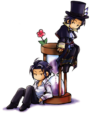 fuju, frederic chopin (trusty bell), trusty bell, lowres, 2boys, chibi, dual persona, flower, hat, hourglass, male focus, multiple boys