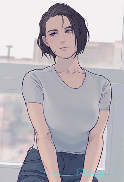 sardine (kjr0313), jill valentine, resident evil, 1girl, artist name, blue shirt, brown hair, denim, jeans, looking to the side, pants, shirt, short hair, signature, sitting, v arms, window