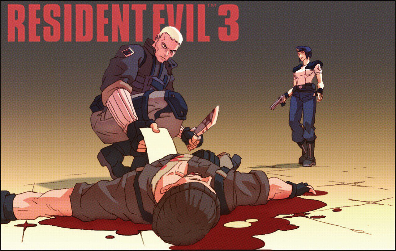 vitaliy shushko, jill valentine, nikolai zinoviev, resident evil, resident evil 3: nemesis, 1girl, beret, black gloves, blood, blood splatter, bloody knife, blue hat, combat knife, fingerless gloves, gloves, hat, holding, holding knife, knife, pants, shoulder pads, weapon