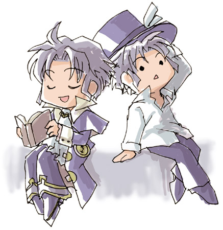 fuju, frederic chopin (trusty bell), trusty bell, lowres, 2boys, :<, book, chibi, closed eyes, hat, male focus, multiple boys, top hat, triangle mouth