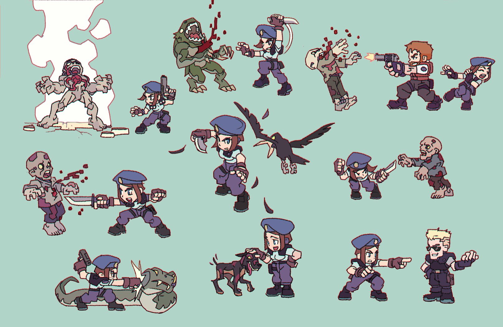 vitaliy shushko, albert wesker, barry burton, hunter (resident evil), jill valentine, tyrant (resident evil), resident evil, resident evil 1, highres, 1girl, 2boys, beard, beret, bird, blonde hair, blood, blood splatter, blue hat, brown hair, combat knife, crow, dog, facial hair, firing, green background, hat, holding, holding knife, knife, multiple boys, punching, simple background, snake, sunglasses, weapon, zombie