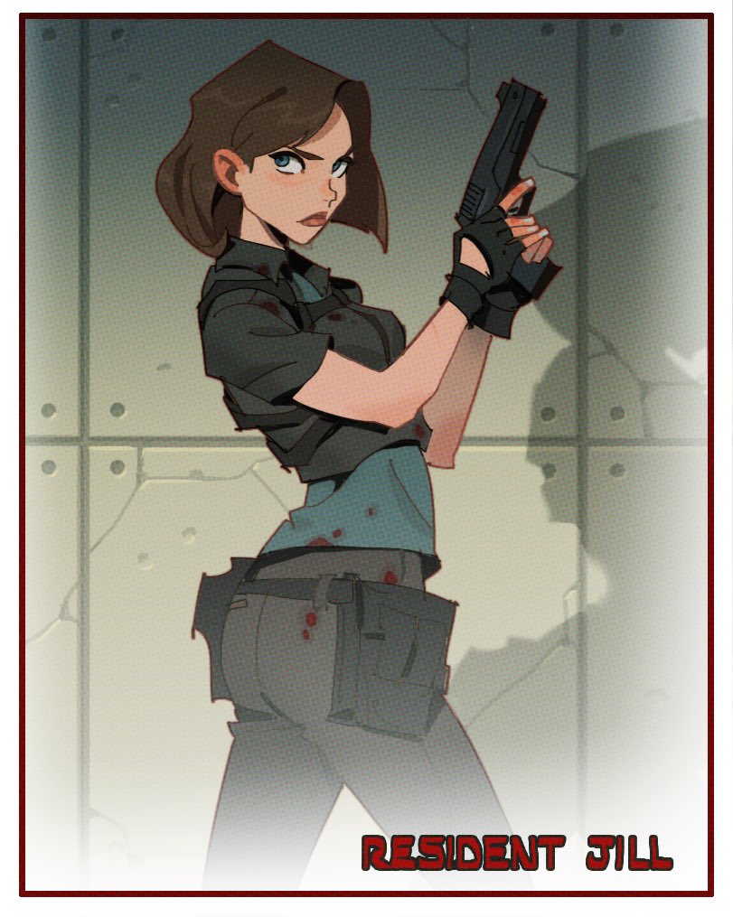 vitaliy shushko, jill valentine, resident evil, 1girl, black gloves, blood, blood on clothes, blue eyes, brown hair, character name, fingerless gloves, gloves, gun, handgun, holding, holding gun, holding weapon, pants, weapon