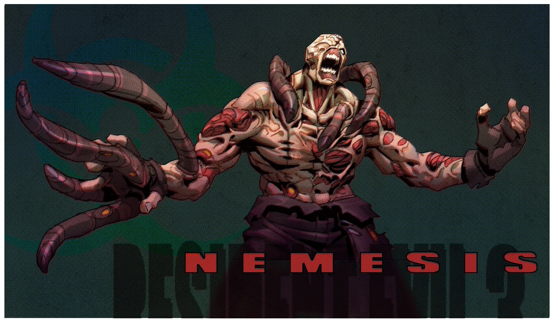 vitaliy shushko, nemesis (resident evil), resident evil, resident evil 3: nemesis, highres, 1boy, black gloves, character name, fingerless gloves, gloves, no shirt, one-eyed, open mouth, sharp teeth, simple background, teeth, tentacles