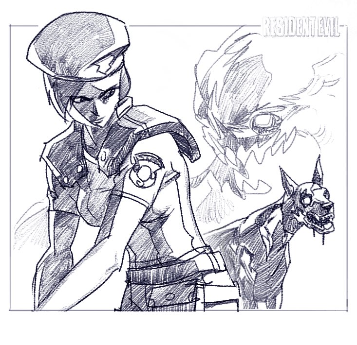 vitaliy shushko, hunter (resident evil), jill valentine, resident evil, resident evil 1, 1girl, beret, copyright name, dog, greyscale, hat, monochrome, shirt, short hair, shoulder pads, simple background, sketch, white background