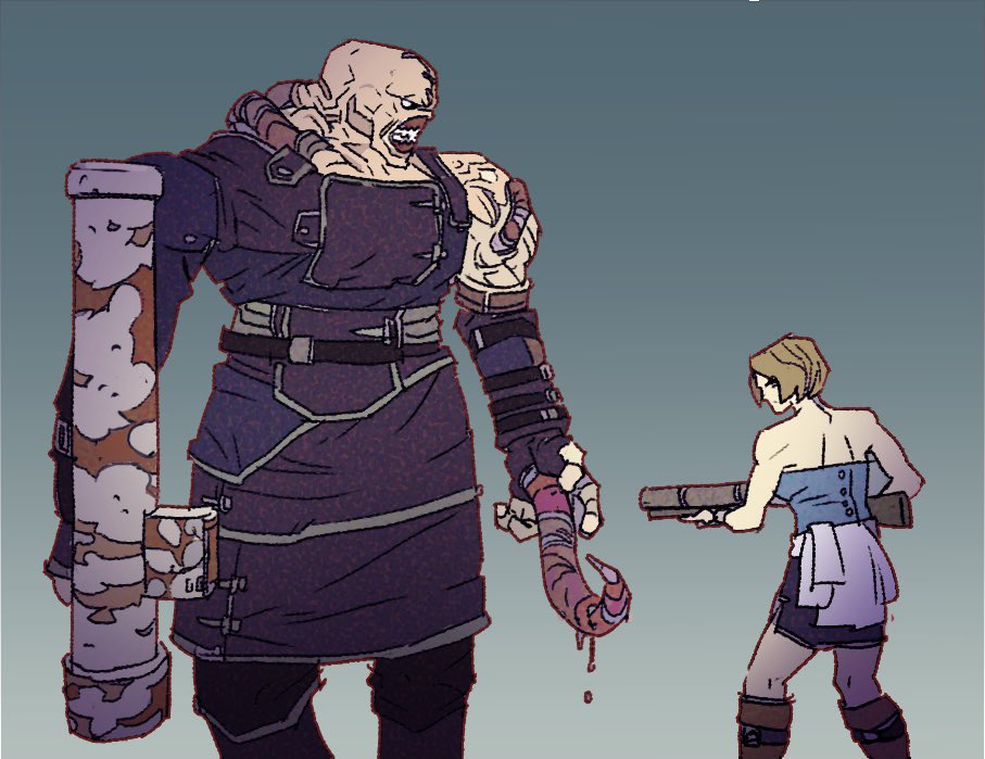 vitaliy shushko, jill valentine, nemesis (resident evil), resident evil, resident evil 3: nemesis, 1boy, 1girl, blue tube top, brown hair, clothes around waist, gradient background, grenade launcher, miniskirt, rocket launcher, skirt, strapless, sweater, sweater around waist, tentacles, tube top, weapon