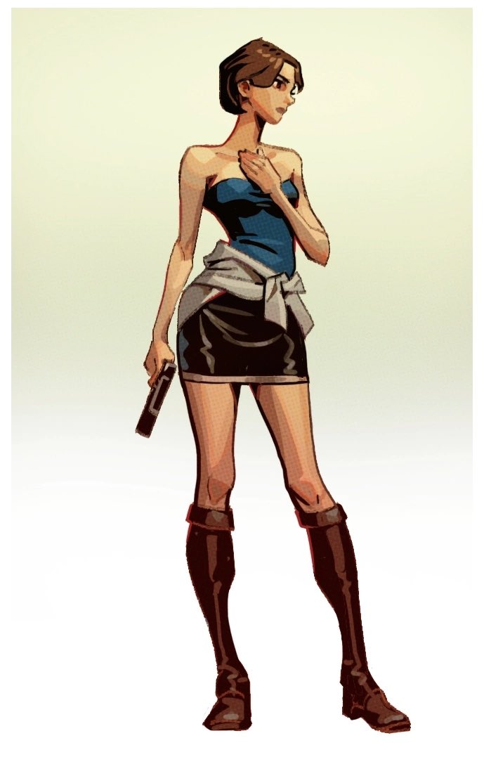 vitaliy shushko, jill valentine, resident evil, resident evil 3: nemesis, 1girl, black skirt, blue tube top, boots, brown boots, clothes around waist, gradient background, gun, handgun, holding, holding gun, holding weapon, miniskirt, skirt, strapless, sweater, sweater around waist, tube top, weapon
