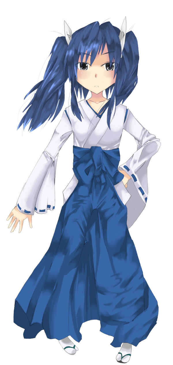 unichiri, ayane (nagasarete airantou), nagasarete airantou, bad id, bad pixiv id, highres, 00s, 1girl, blue hair, blue hakama, female focus, hair ribbon, hakama, hakama skirt, hand on own hip, hip focus, japanese clothes, ribbon, skirt, solo, twintails