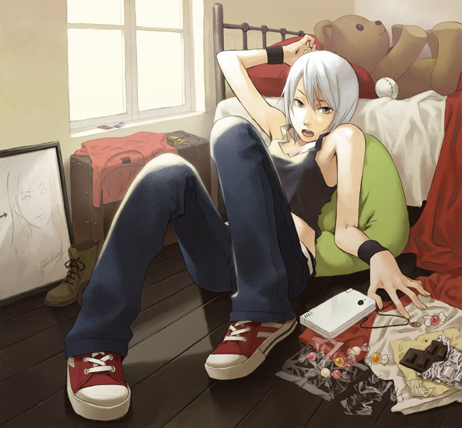 arita youko, ashley mizuki robbins, another code, another code r, cing, 1girl, bare shoulders, baseball, bed, bedroom, candy, chocolate, chocolate bar, denim, female focus, food, green eyes, handheld game console, indoors, jeans, midriff, nintendo ds, nintendo dsi, pants, raglan sleeves, room, shoes, short hair, sitting, sneakers, solo, stuffed animal, stuffed toy, tank top, teddy bear, tomboy, white hair, window, wristband