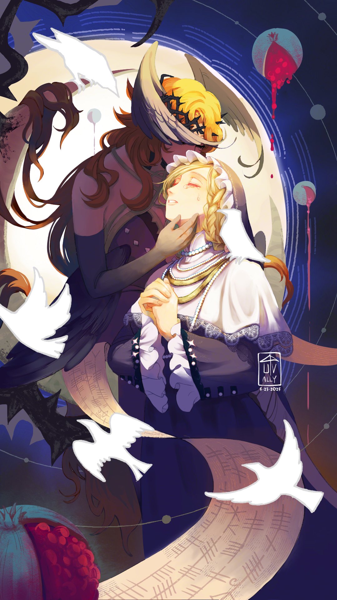 uncanonvalley, druvis iii, druvis iii (shrouded in thorns), ms. moissan, reverse:1999, highres, 2girls, animal, animal on shoulder, bird, bird on shoulder, closed eyes, cowboy shot, crown of thorns, dark background, dress, elbow gloves, feathered wings, food, fruit, gloves, guimpe, halter dress, halterneck, hand on another's face, head wings, heads together, jewelry, long dress, long hair, multiple girls, necklace, nun, official alternate costume, on crescent, orange hair, own hands together, parted lips, pearl necklace, pomegranate, purple dress, purple gloves, scroll, sitting, sleeveless, sleeveless dress, tears, traditional nun, white bird, wings, yuri